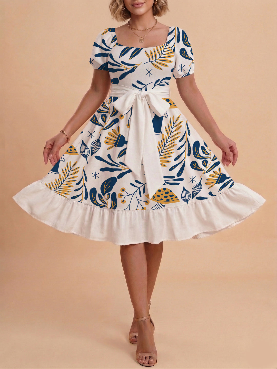 Damen Sommerliches Blumenkleid mit taillierbarem Gürtel und voluminösen Ärmeln Echo Archiv