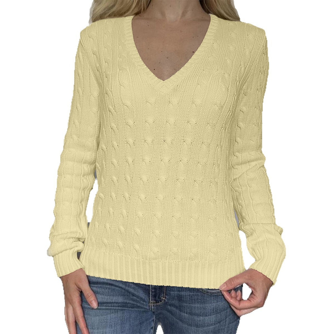 Damen Premium-Baumwollmix Zopfstrickpullover mit tiefem V-Ausschnitt und taillierter Silhouette – Mavelle