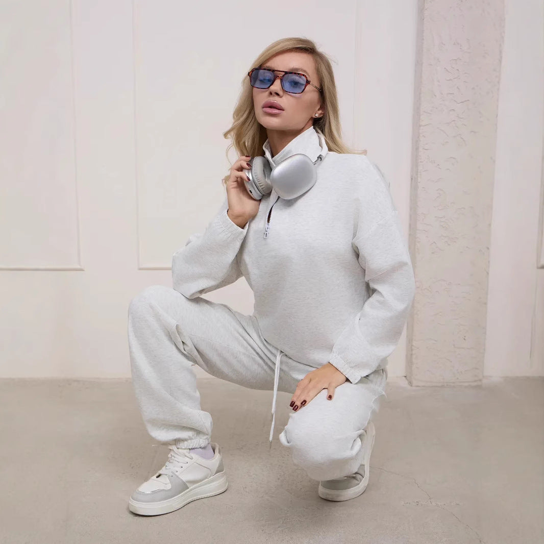 Damen weiches Lounge-Set mit halbem Reißverschluss, Kordelzughose und elastischen Bündchen – Avérine