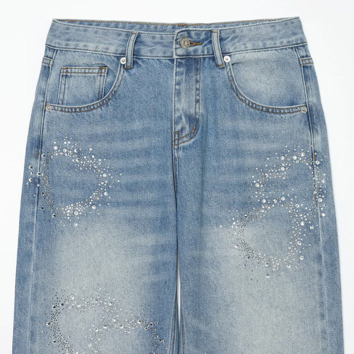 Damen Weite Highwaist-Jeans mit geradem Bein und Herz-Strassbesatz Echo Archiv