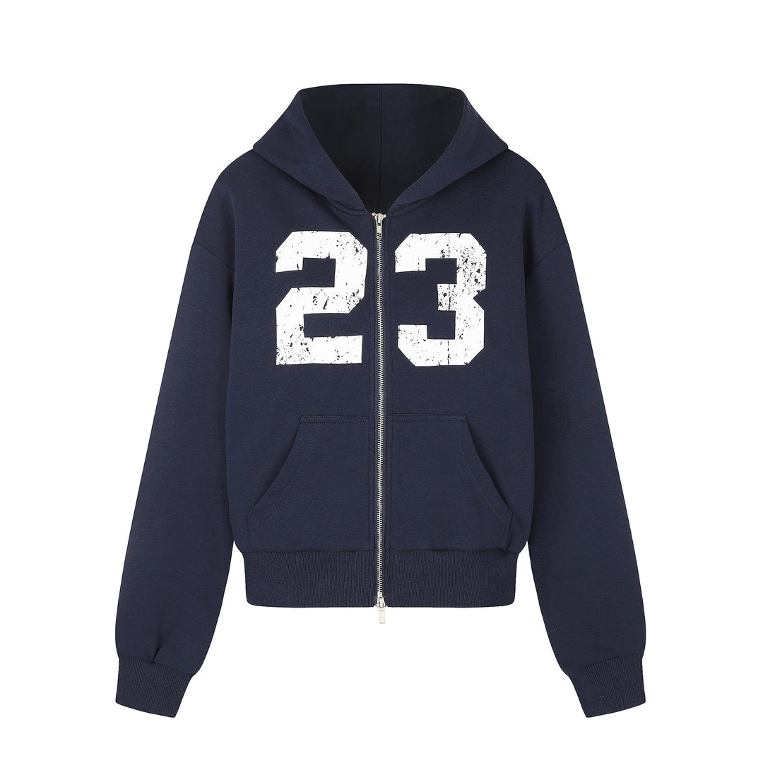 Damen Zip‑Hoodie im Boxy‑Schnitt mit Kängurutasche und Nummernprint Echoarchiv