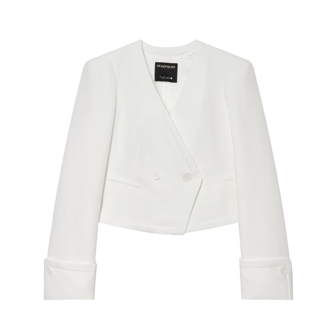 Damen Cropped Zweireihiger Blazer mit tiefem V-Ausschnitt und Manschetten Echoarchiv
