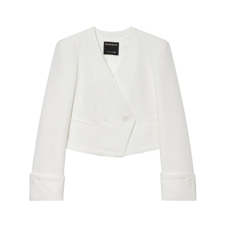 Damen Cropped Zweireihiger Blazer mit tiefem V-Ausschnitt und Manschetten Echoarchiv