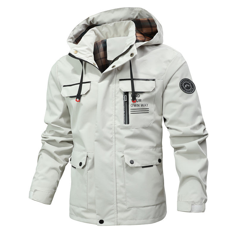 Herren Multitaschen-Softshell-Parka mit Kapuze und kariertem Innenfutter Echoarchiv
