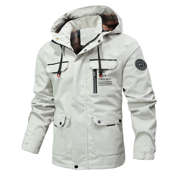 Herren Multitaschen-Softshell-Parka mit Kapuze und kariertem Innenfutter Echoarchiv