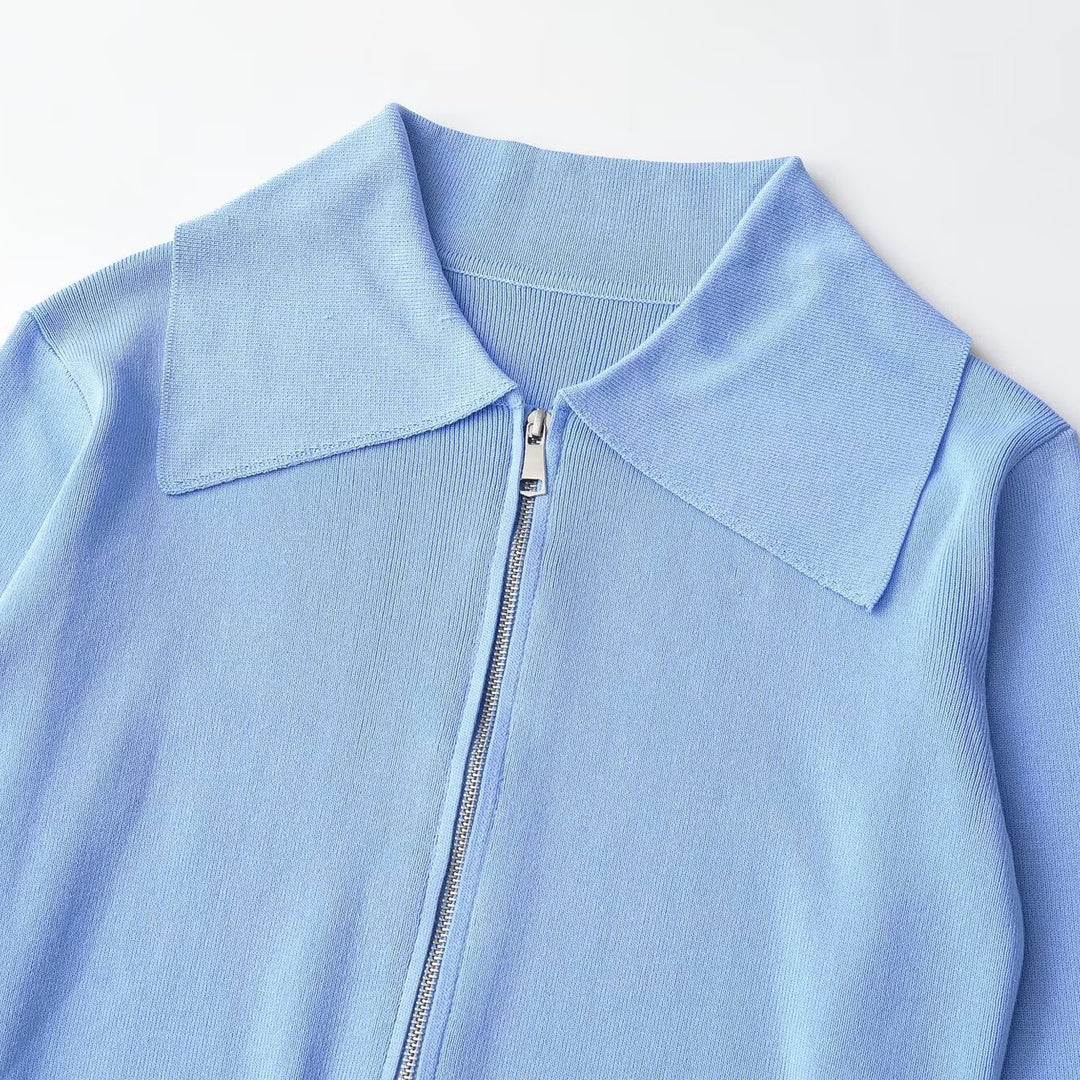 Damen Kurzgeschnittene Strickjacke mit breitem Reverskragen und Reißverschluss Echo Archiv