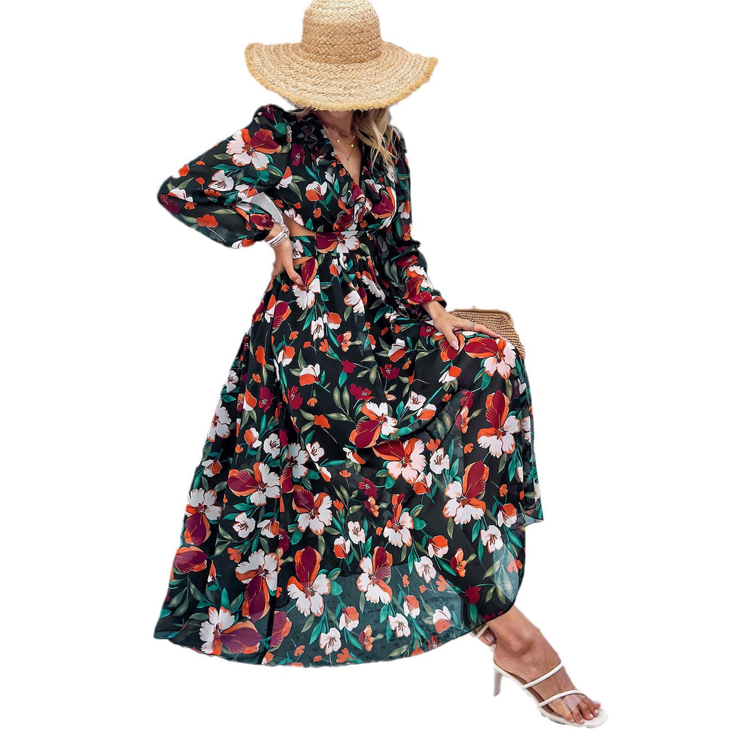 Damen luftig-fließendes Chiffon-Maxikleid mit Taillen-Cutouts, Rüschen-V-Ausschnitt und langen, transparenten Ärmeln – Valéora