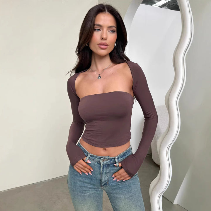 Damen Langarm Crop-Top mit körpernahem Schnitt und weitem Ausschnitt Echo Archiv