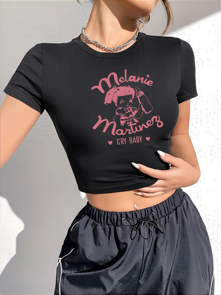Damen Crop-T-Shirt mit kreativem Augenmotiv und Tourdruck Echo Archiv
