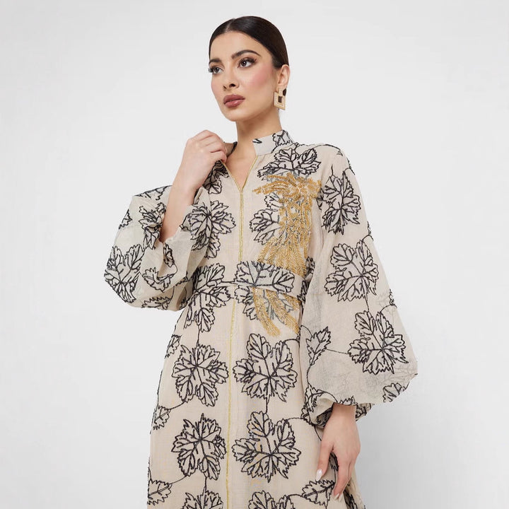 Damen Besticktes Maxikleid im Kaftan-Stil mit Reißverschluss, Taillengürtel und Ballonärmeln – Valéora