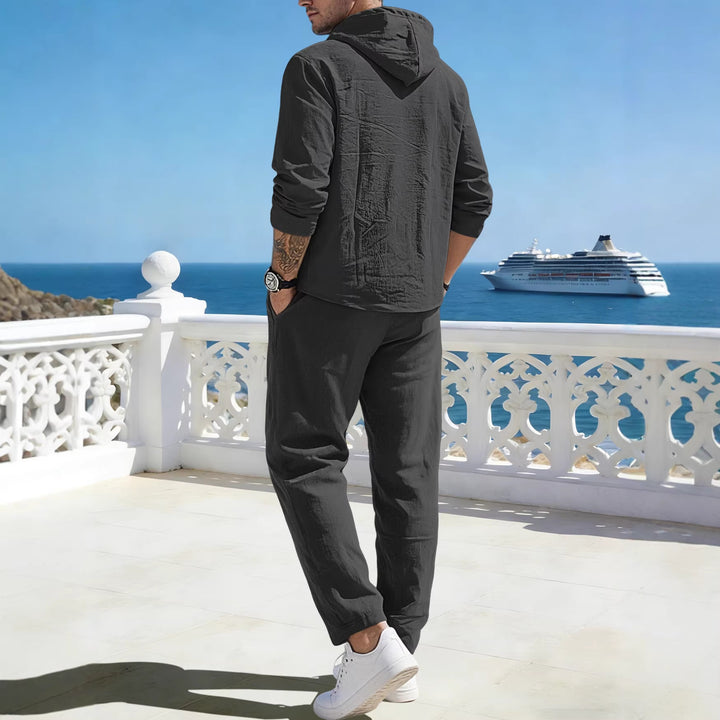 Herren nan entspannter Kapuzen-Henley Freizeitanzug aus leichter Baumwollmischung in Leinenoptik mit Kordelzug und elastischer Bundhose Echo Archiv