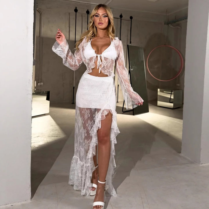 Damen Transparente Bluse mit Rüschenärmel und frechem Bindeband Echo Archiv