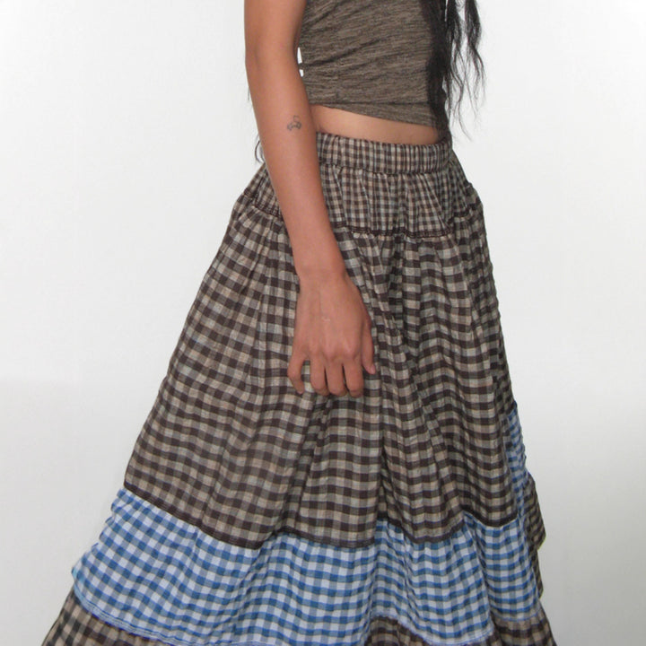 Damen nan mehrlagiger Baumwoll-Stufenrock mit elastischem Taillenbund, kontrastierendem Gingham-Band und Volant Echo Archiv