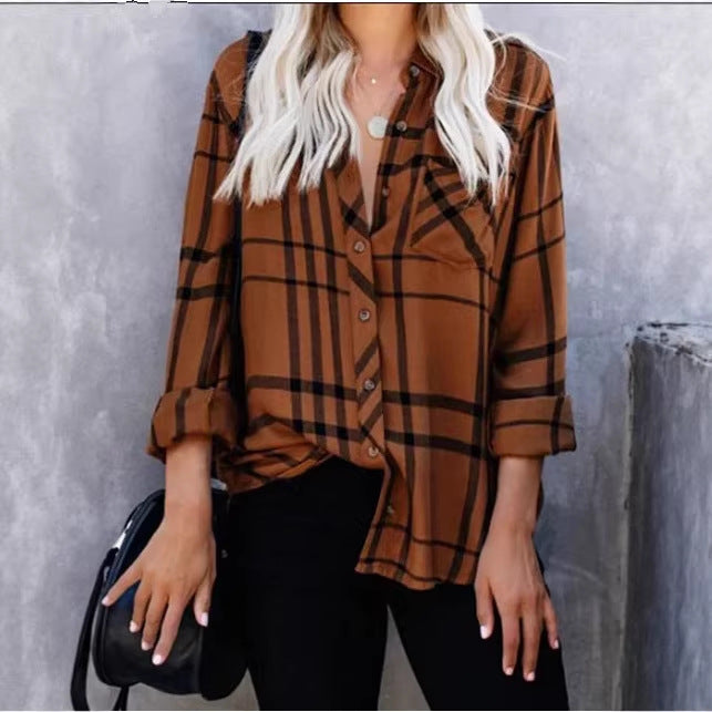 Damen Oversize-Hemdbluse mit Karomuster, Brusttasche und umkrempelbaren Ärmeln – Élovi
