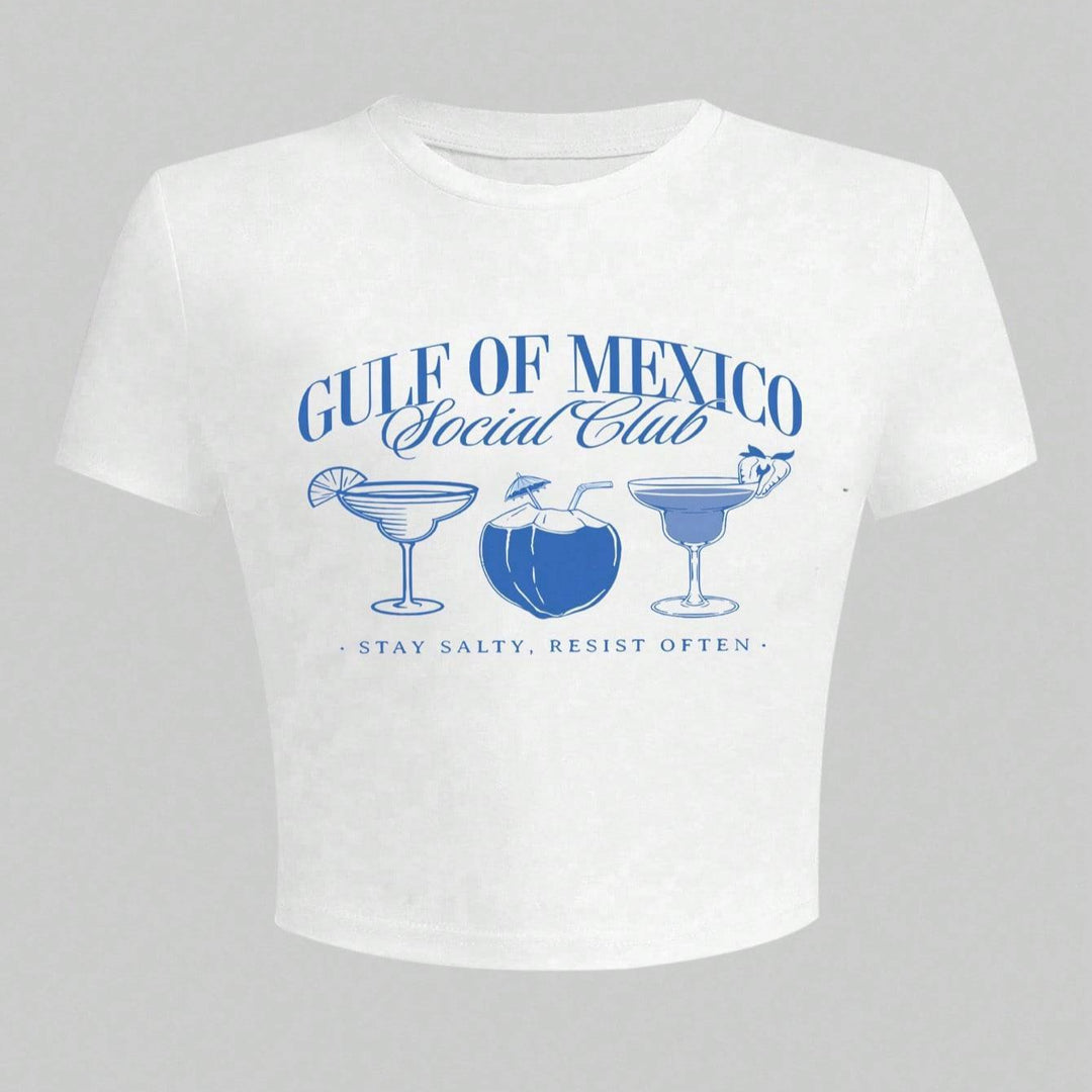 Damen Crop-T-Shirt mit kreativem Cocktail-Motiv und modernem Schriftzug Echo Archiv