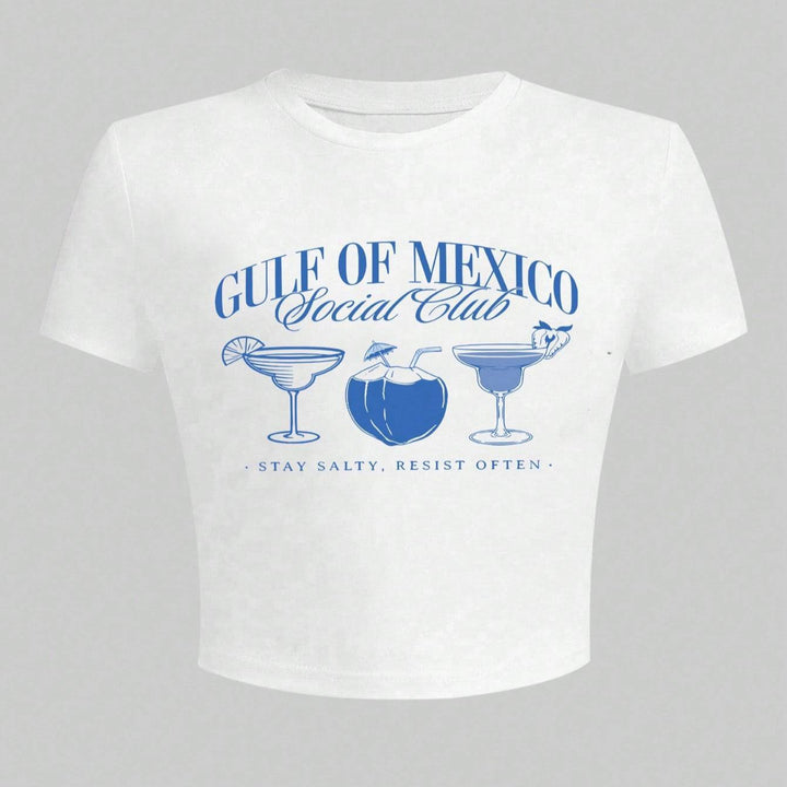 Damen Crop-T-Shirt mit kreativem Cocktail-Motiv und modernem Schriftzug Echo Archiv