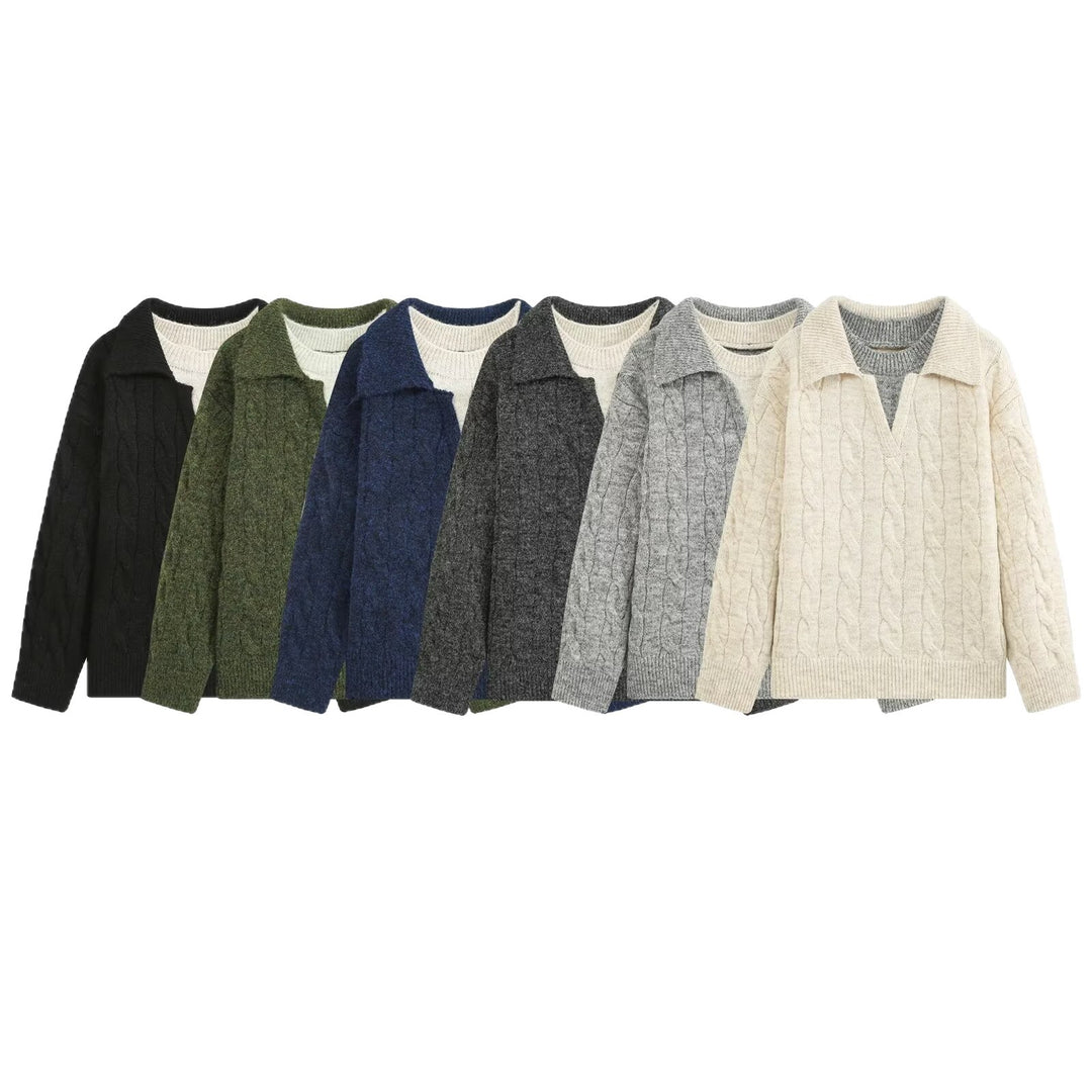 Damen Grobgestrickter Zopfstrick-Pullover mit Hemdkragen und integriertem Rippkragen Echoarchiv