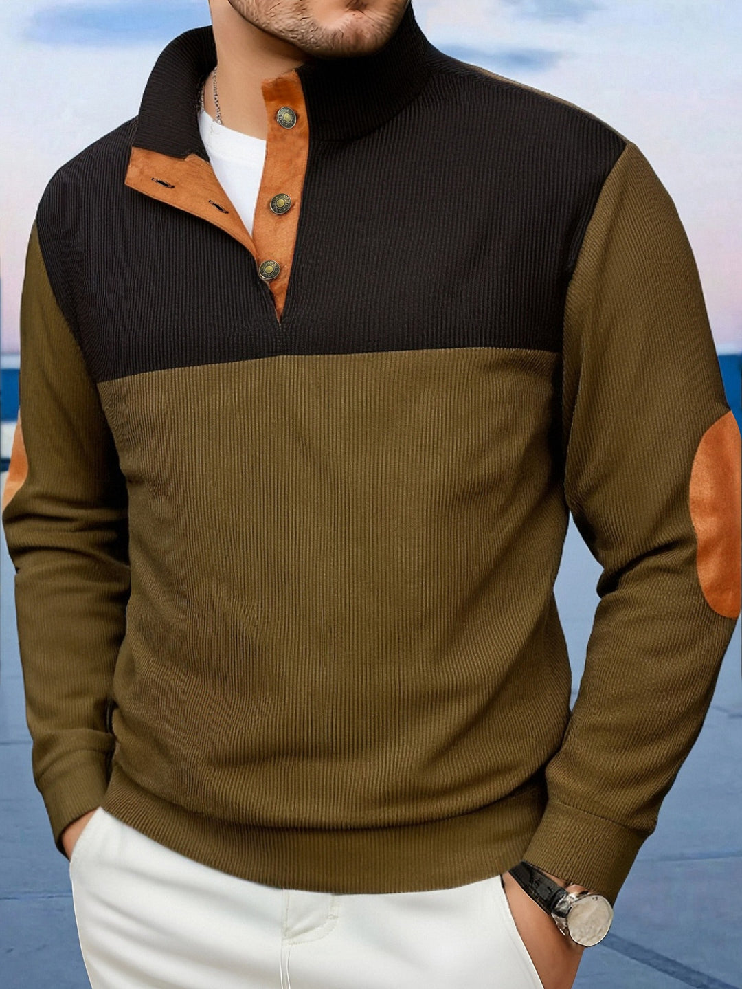 Herren Modische Pullover mit Stehkragen und Knopfleiste Echo Archiv