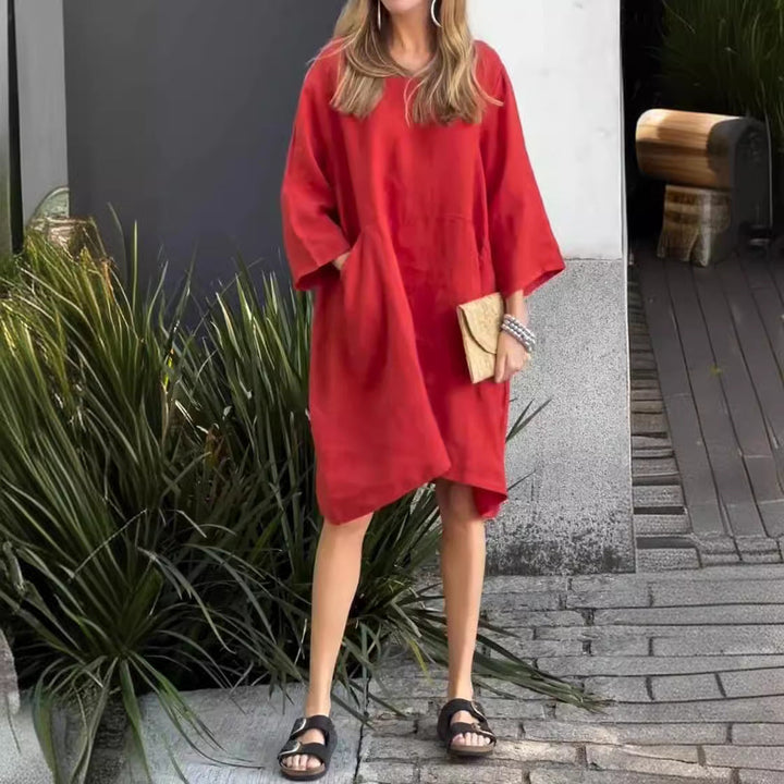 Damen lässiges Leinenkleid mit praktischen Taschen und asymmetrischem Saum Echoarchiv