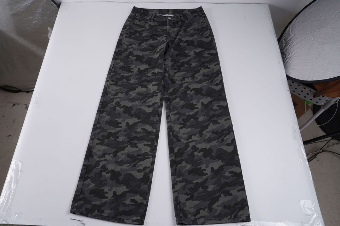Damen Camouflage-Denim Schlaghose mit hoher Taille und weitem Bein – Avélisse