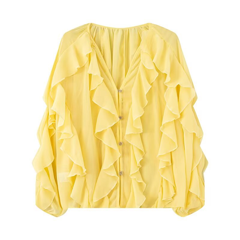 Damen Volant-Chiffonbluse mit Knopfleiste, gerafftem Ausschnitt und Ballonärmeln Echo Archiv