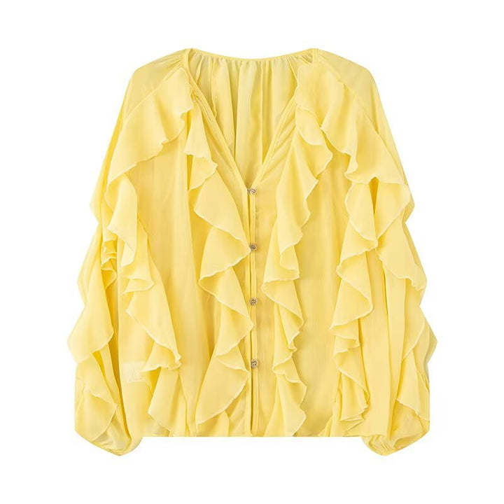 Damen Volant-Chiffonbluse mit Knopfleiste, gerafftem Ausschnitt und Ballonärmeln Echo Archiv