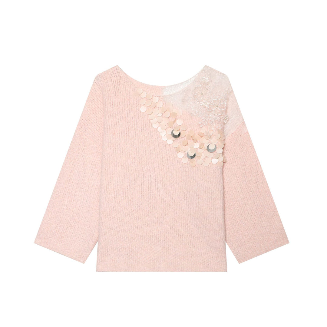 Damen Boxy-Strickpullover mit Pailletten-Applikation und Spitzenbesatz Echoarchiv
