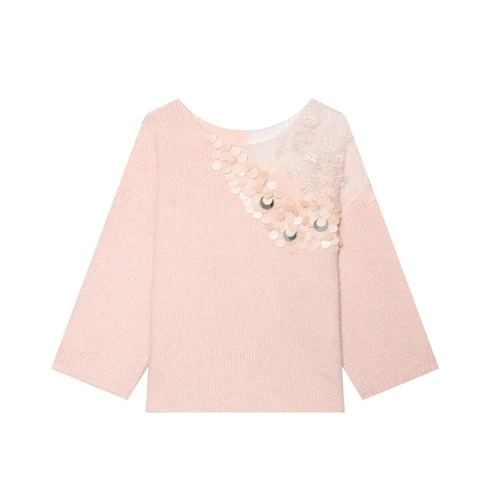 Damen Boxy-Strickpullover mit Pailletten-Applikation und Spitzenbesatz Echoarchiv