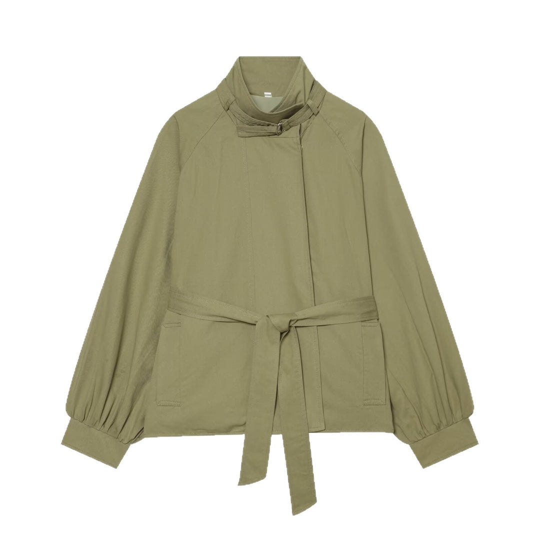Damen Kurze Cape-Übergangsjacke mit Stehkragen, Taillengürtel und Ballonärmeln Echoarchiv