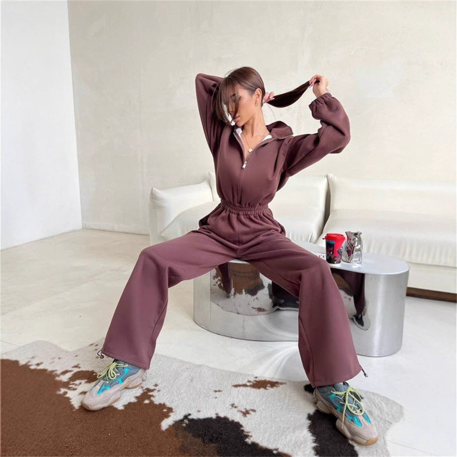 Damen Loungewear-Set mit halbem Reißverschluss, elastischem Taillenbund und weiter Jogginghose – Avérine