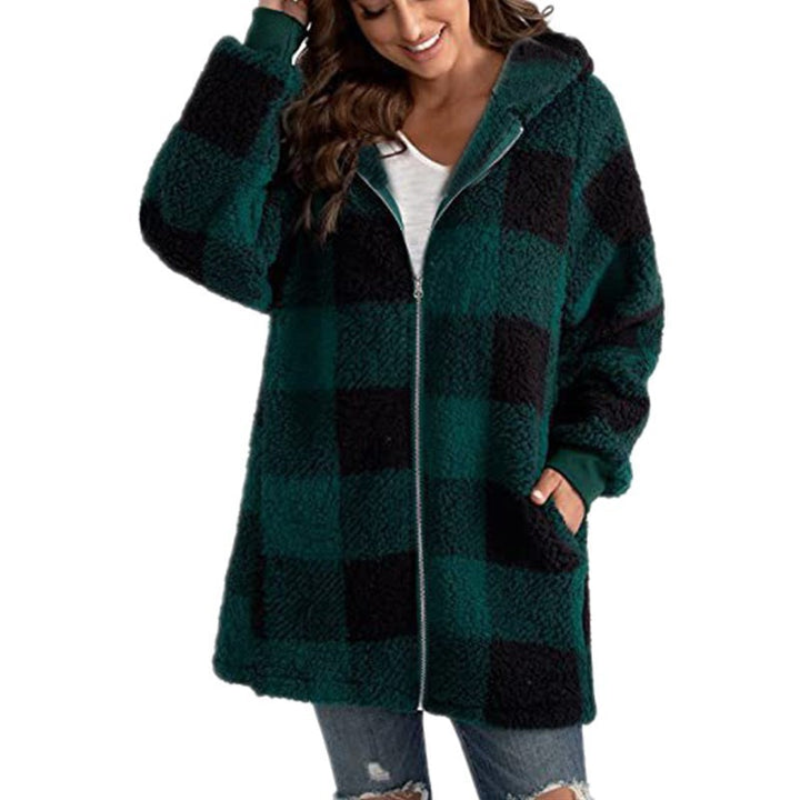 Damen Kariertes Teddy-Fleece-Mantel mit Kapuze und Reißverschluss Echo Archiv