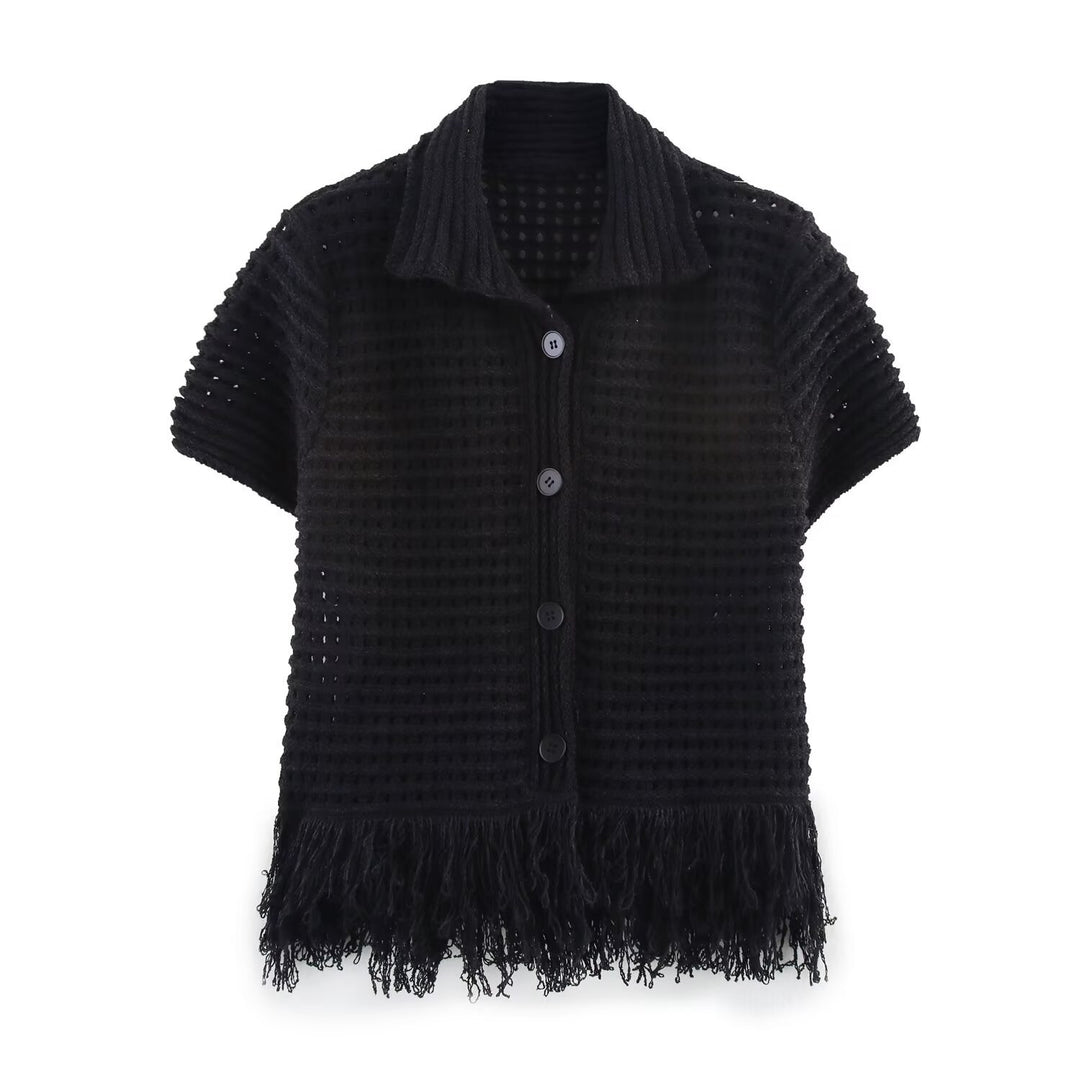 Damen Kurzarm-Strickjacke mit fransigem Saum und dekorativen Knöpfen Echo Archiv