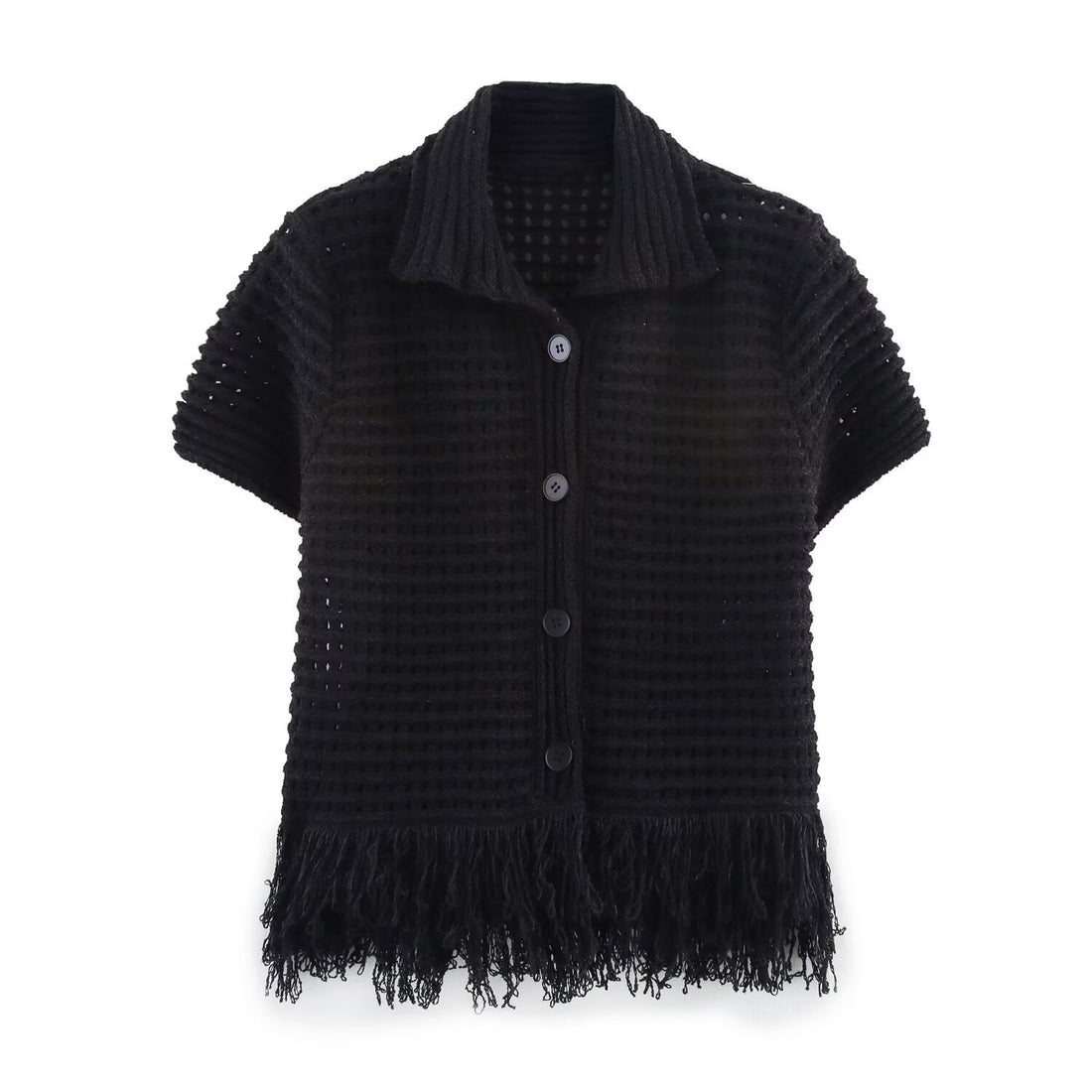 Damen Kurzarm-Strickjacke mit fransigem Saum und dekorativen Knöpfen – Veloura