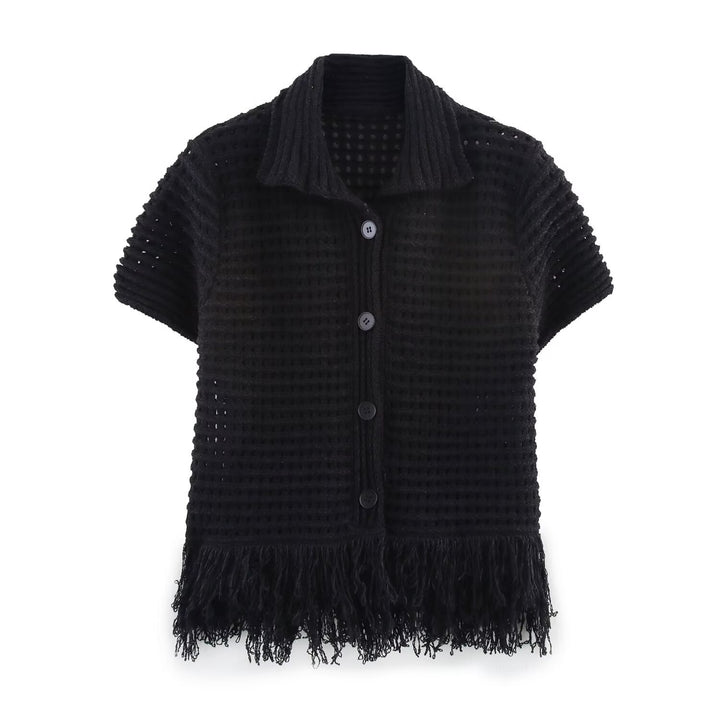 Damen Kurzarm-Strickjacke mit fransigem Saum und dekorativen Knöpfen Echo Archiv