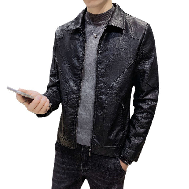Herren Minimalistisches Lederoptik-Zip-Blouson mit ergonomischen Nahtlinien und Hemdkragen Echoarchiv