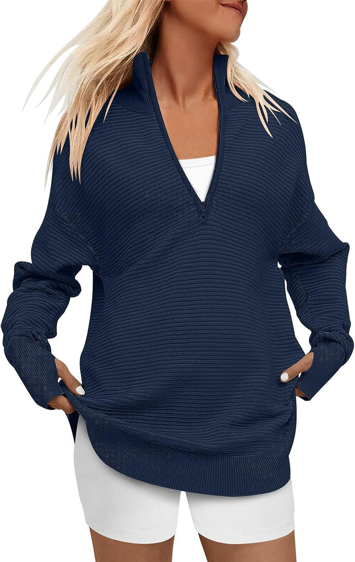 Damen Oversize-Feinstrickpullover mit halbem Reißverschluss, Stehkrragen und Daumenloch-Ärmeln Echo Archiv