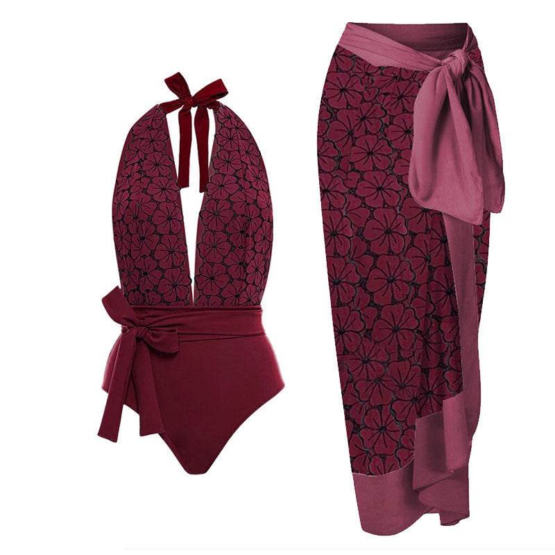 Damen eleganter Einteiler Badeanzug mit floralem Wickelrock Echo Archiv