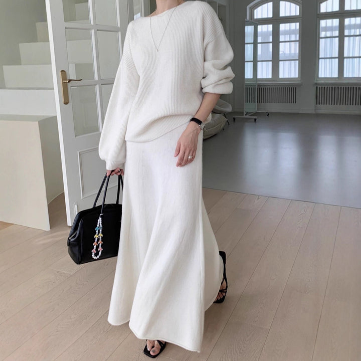 Damen Strick-Set aus Oversize-Ripp-Pullover und fließendem Maxirock Echoarchiv