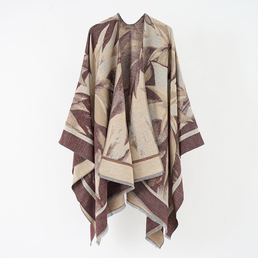 Damen Jacquard-Überwurfponcho mit floral-abstrakter Webstruktur und weichfallendem Oversize-Cape Echo Archiv