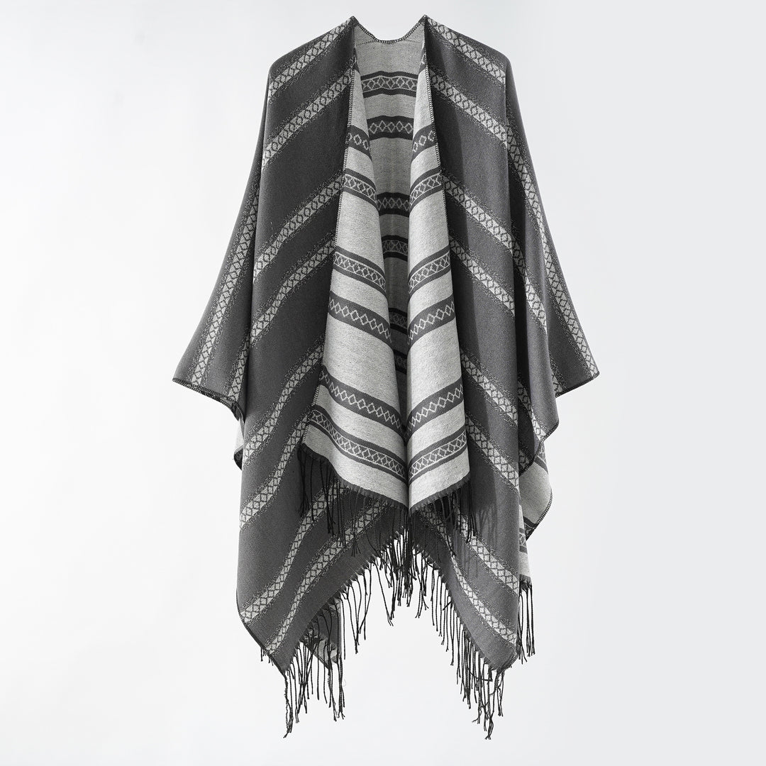 Damen Langer Webponcho im Cape-Stil mit Streifen-Jacquard und Fransen Echo Archiv