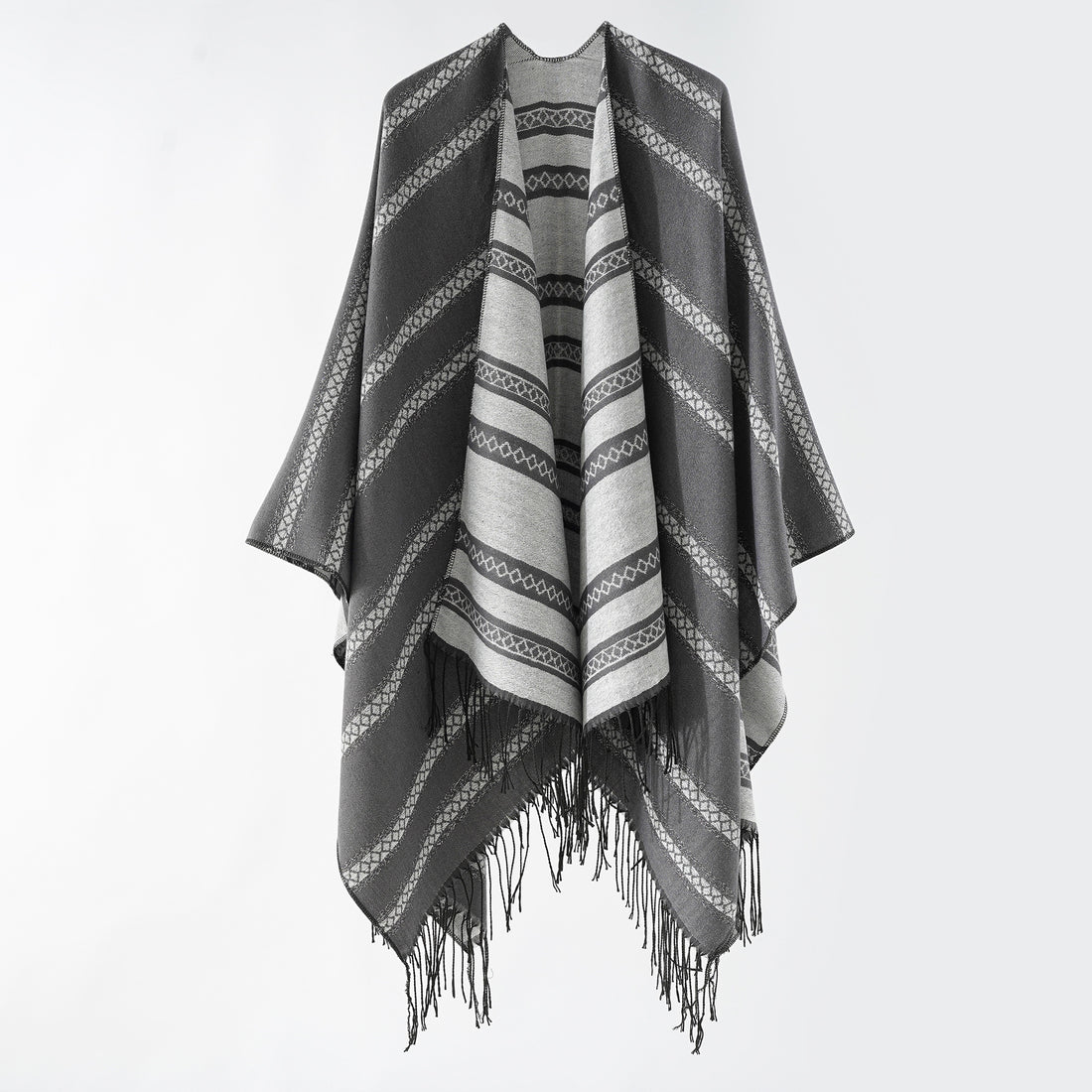 Damen Langer Webponcho im Cape-Stil mit Streifen-Jacquard und Fransen – Montévia
