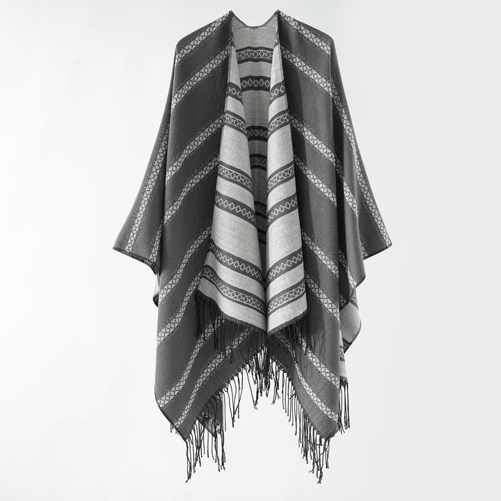 Damen Langer Webponcho im Cape-Stil mit Streifen-Jacquard und Fransen Echo Archiv