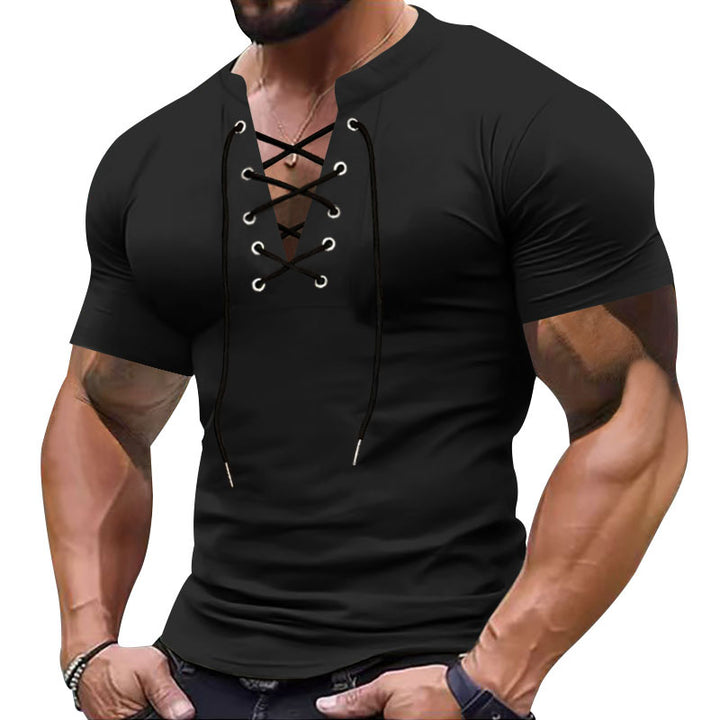 Herren Kurzarm-Henley-Shirt mit modischem Schnürdesign und körperbetonter Passform Echoarchiv