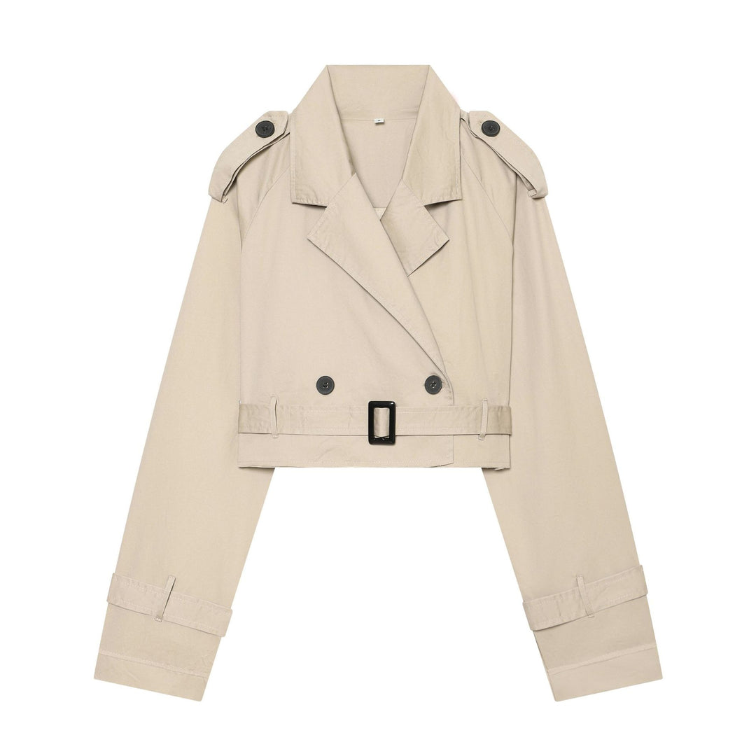 Damen Cropped-Trenchcoat mit doppelreihiger Knopfleiste, Schulterklappen und Taillengürtel Echoarchiv