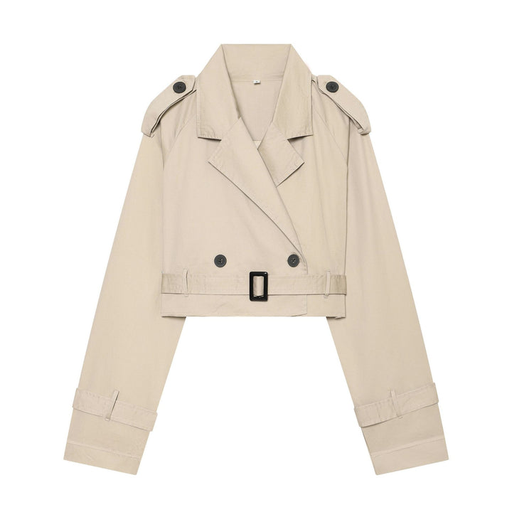 Damen Cropped-Trenchcoat mit doppelreihiger Knopfleiste, Schulterklappen und Taillengürtel Echoarchiv