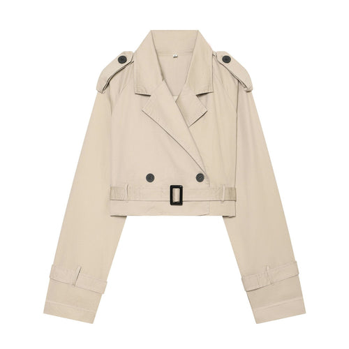 Damen Cropped-Trenchcoat mit doppelreihiger Knopfleiste, Schulterklappen und Taillengürtel Echoarchiv