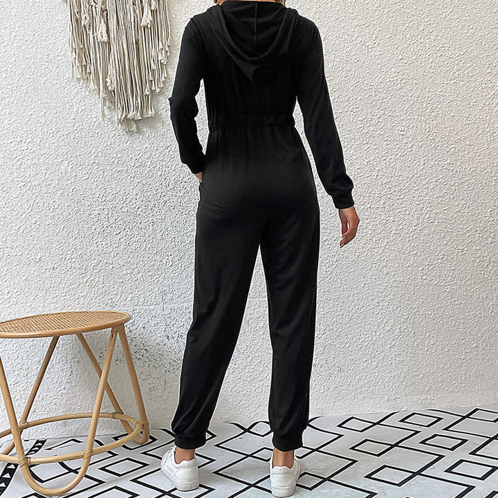 Damen Kapuzen-Jumpsuit mit Reißverschluss, elastischer Taillenpassform & Joggerbündchen Echoarchiv