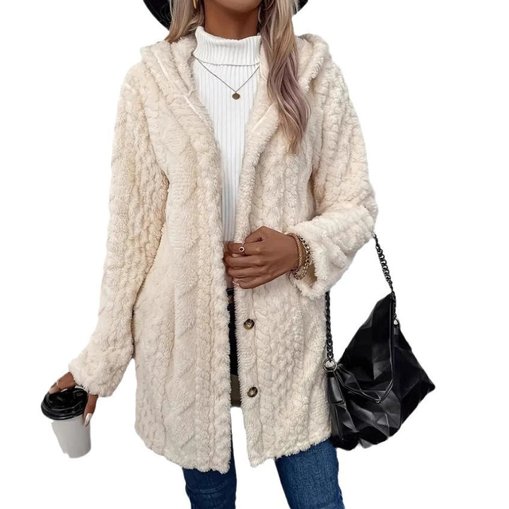 Damen nan kuschelige Teddy-Mantel mit Kapuze, Knopfleiste und Taschen Echo Archiv