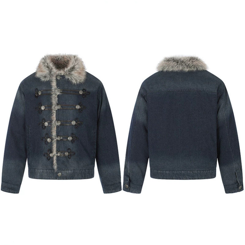 Damen Jeansjacke mit Kunstfellkragen und militärischen Zierknöpfen Echoarchiv