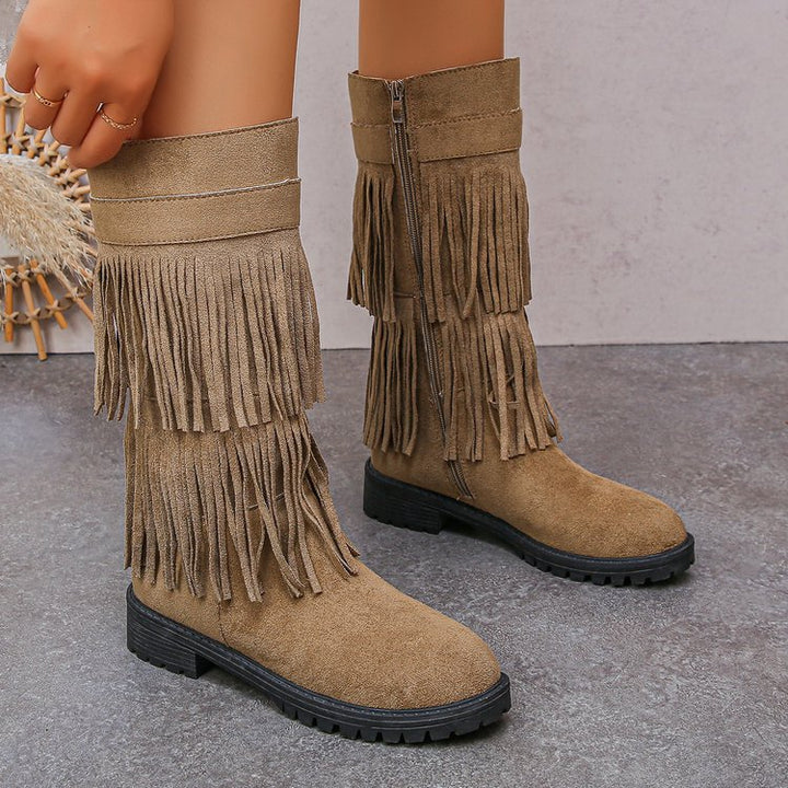 Damen Mid‑Calf Fransenstiefel aus Veloursimitat mit mehrlagigen Fransen und profilierter Gummisohle Echo Archiv